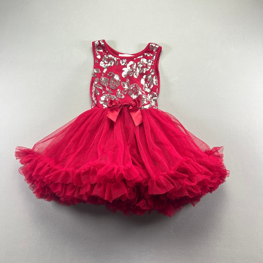 Popatu Sequin Ruffle Tutu Dress Girls XS 2-3 Red Butterfly Round Neck Formal